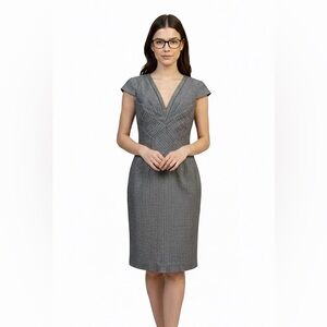 Suzy Shier Grey Pleated Bodice V Neck Pin Stripe Fitted Dress Size Small